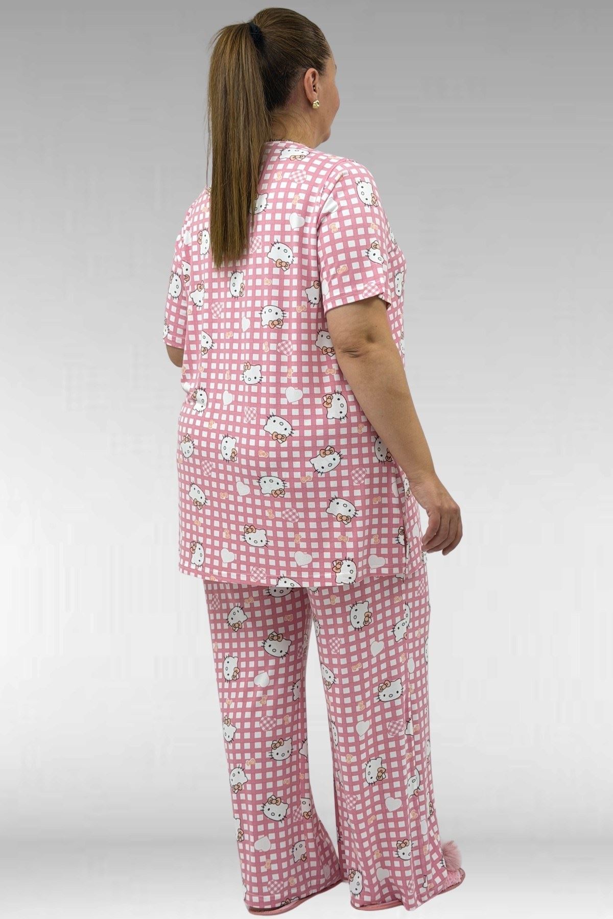 67801 Büyük Beden Kısakol Desenli  Pijama Takımı - Kedi Desenli