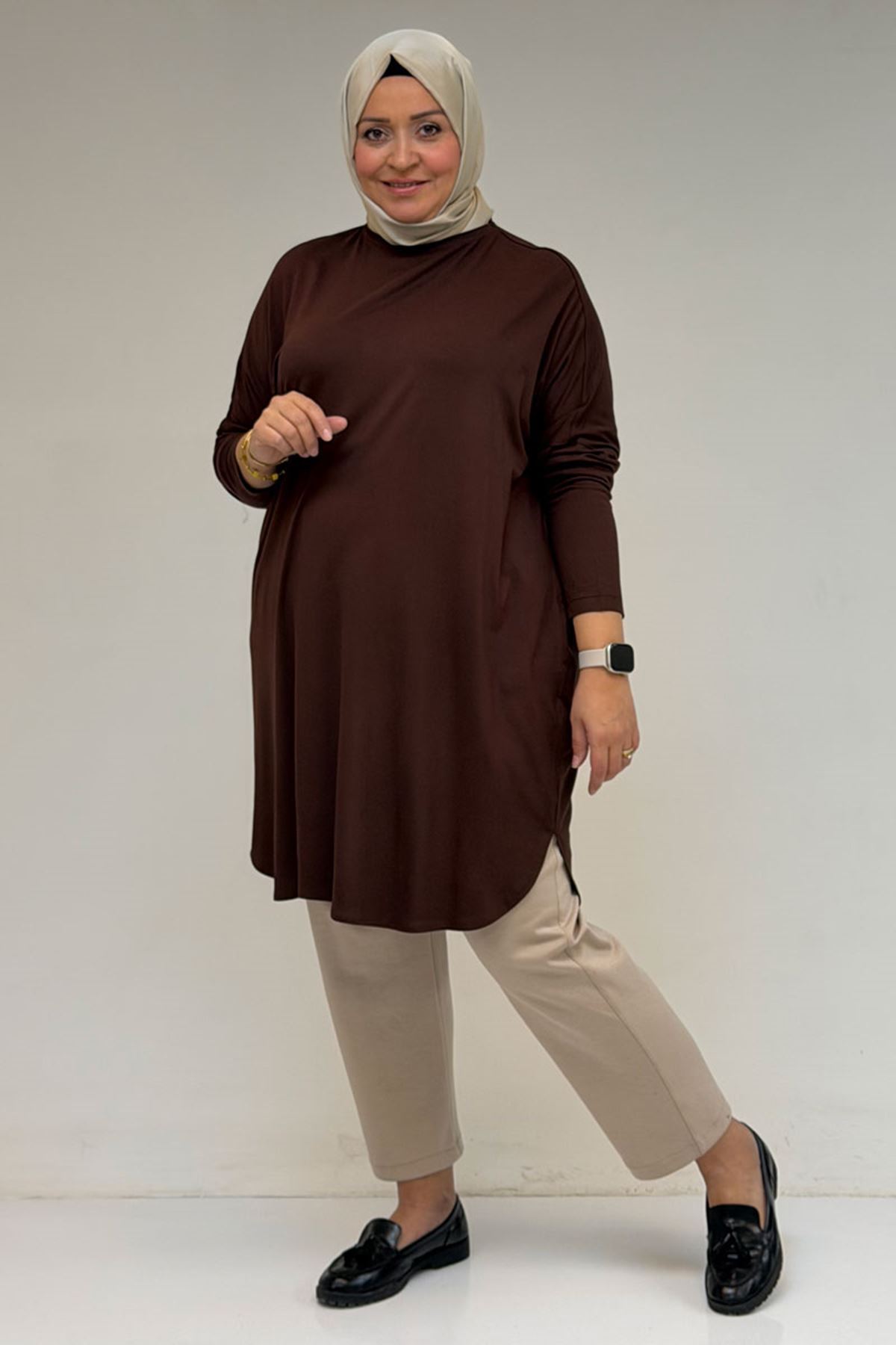 38111 Büyük Beden Basic Penye Tunik - Kahve