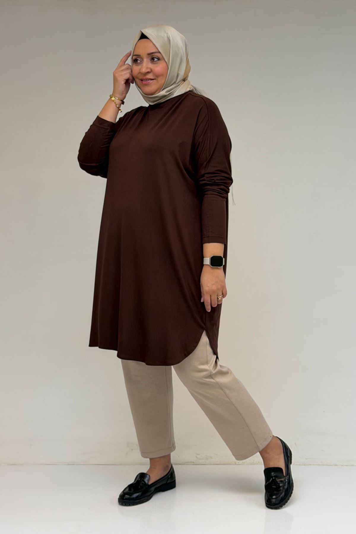 38111 Büyük Beden Basic Penye Tunik - Kahve