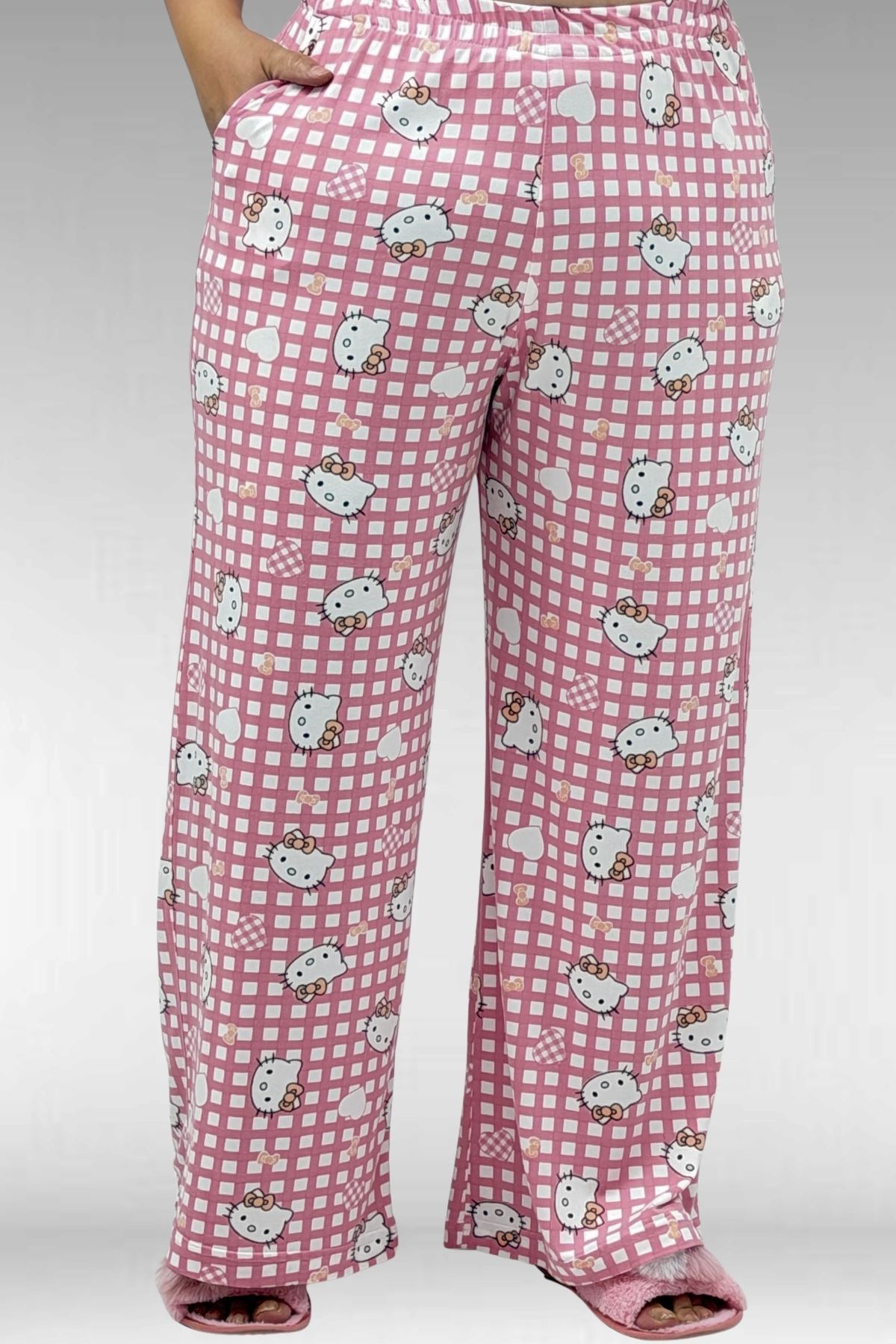 67802 Büyük Beden Yanı Yırtmaçlı Milan Pijama Takımı - Kedi Desenli