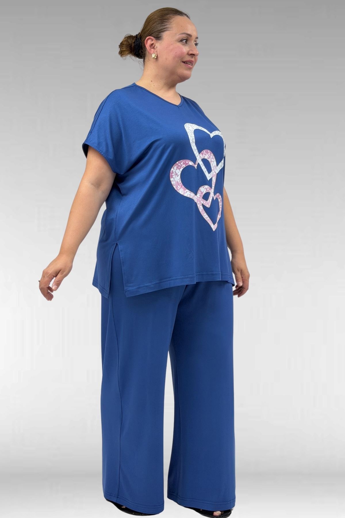 67803 Büyük Beden Yanı Yırtmaçlı Penye Pijama Takımı - İndigo