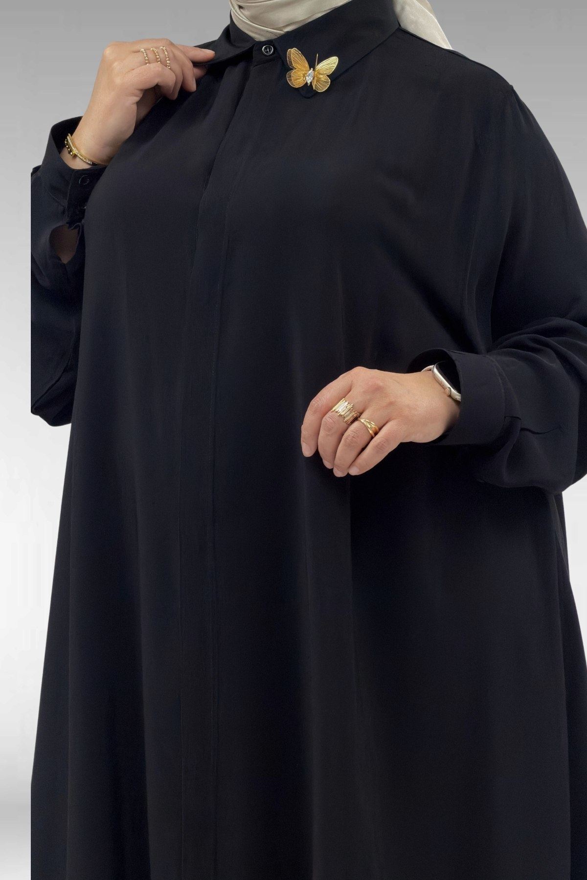 68034-E Büyük Beden Broş Detaylı Mevlana Gömlek - Siyah 
