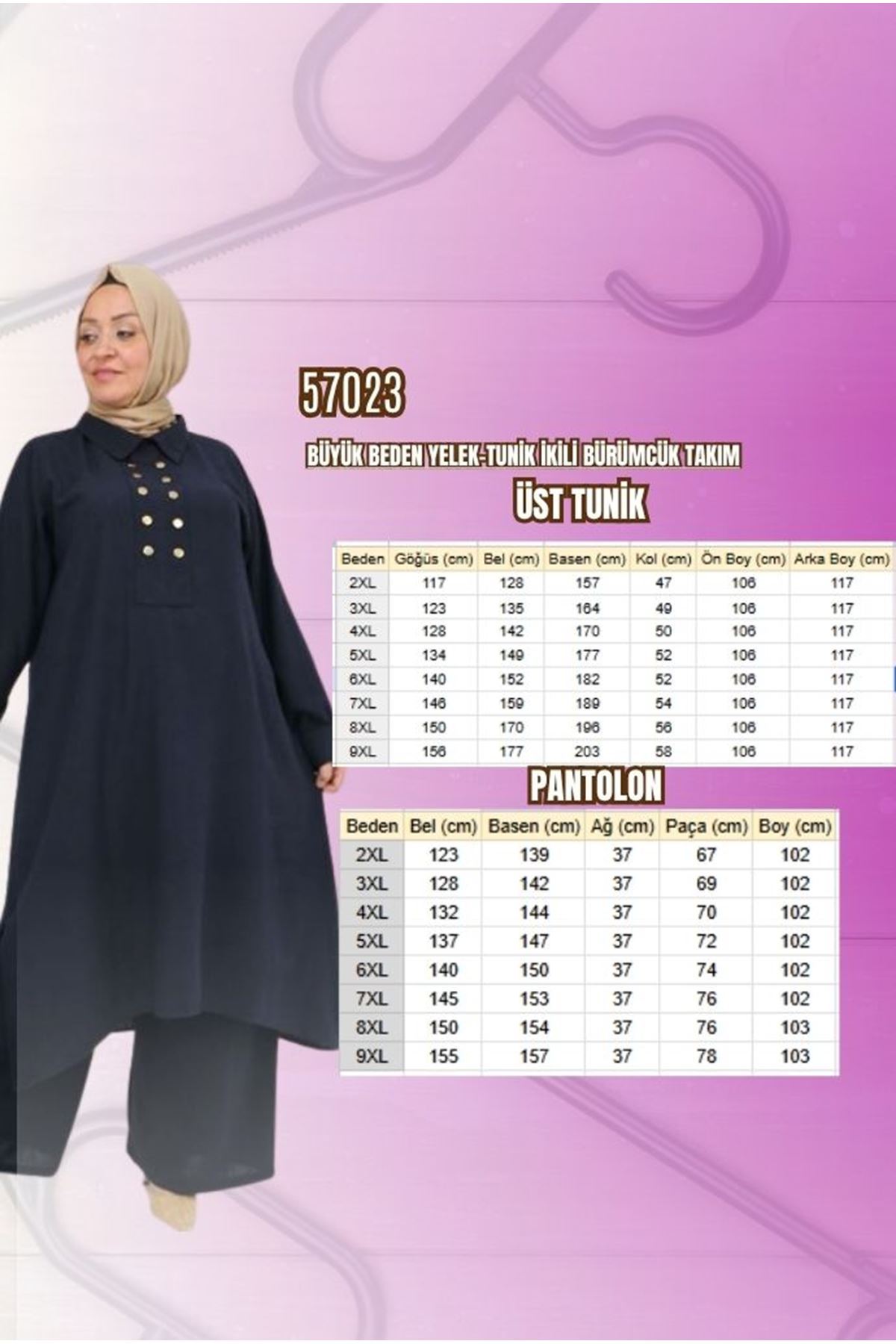 57023-E Büyük Beden Pat Üzerinde Çakma Çıtçıtlı Pantolonlu Takım - Siyah