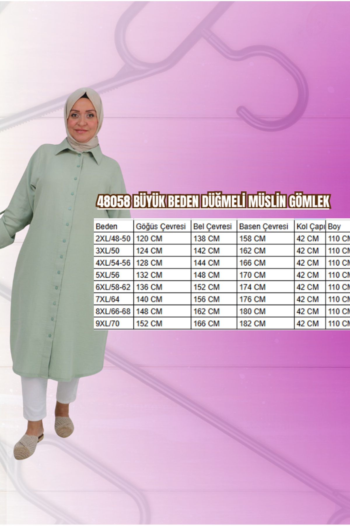 48058 Büyük Beden  Düğmeli Müslin Gömlek - Siyah