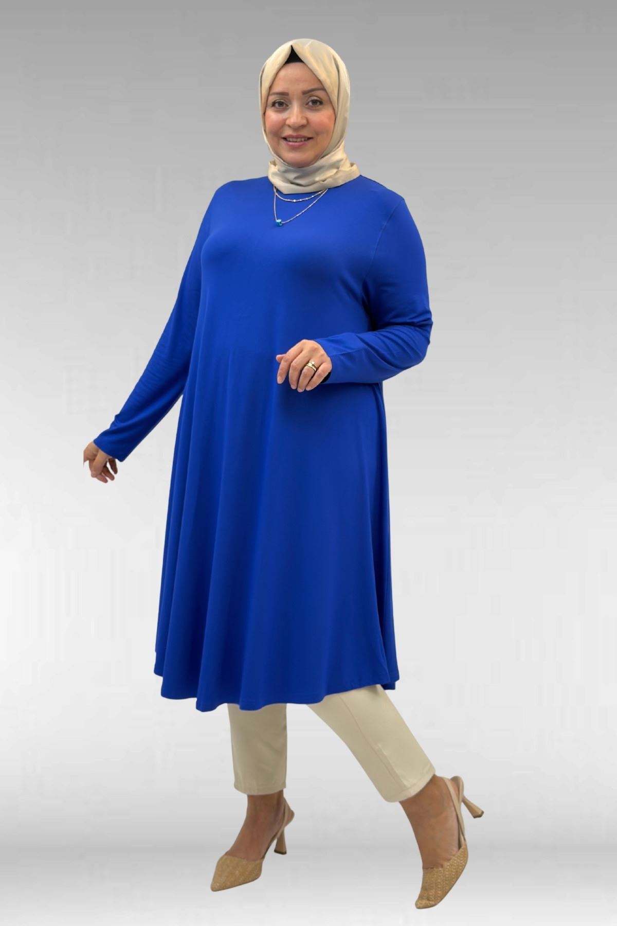 28016 Büyük Beden Penye Mevlana Tunik - Saks