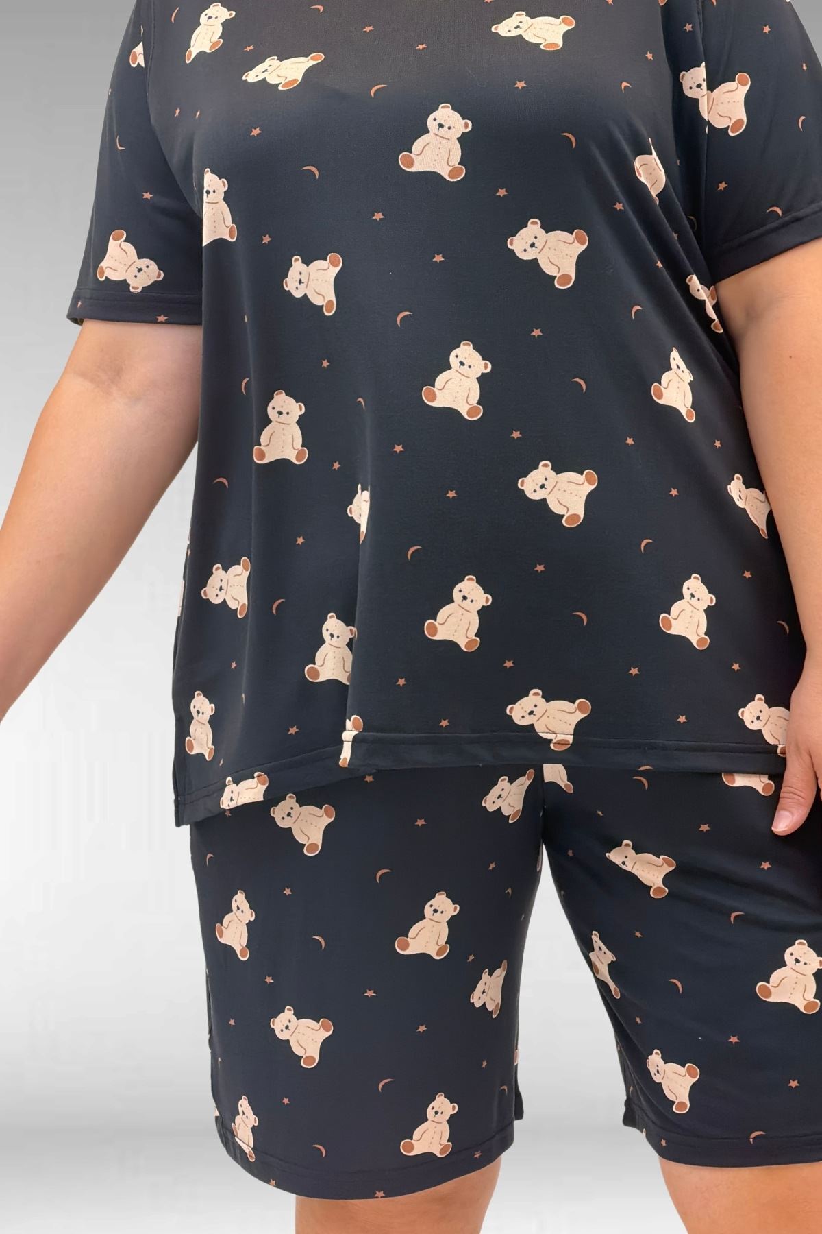 67805 Büyük Beden Desenli Şort-Tişört Pijama Takımı - Ayıcık Desenli