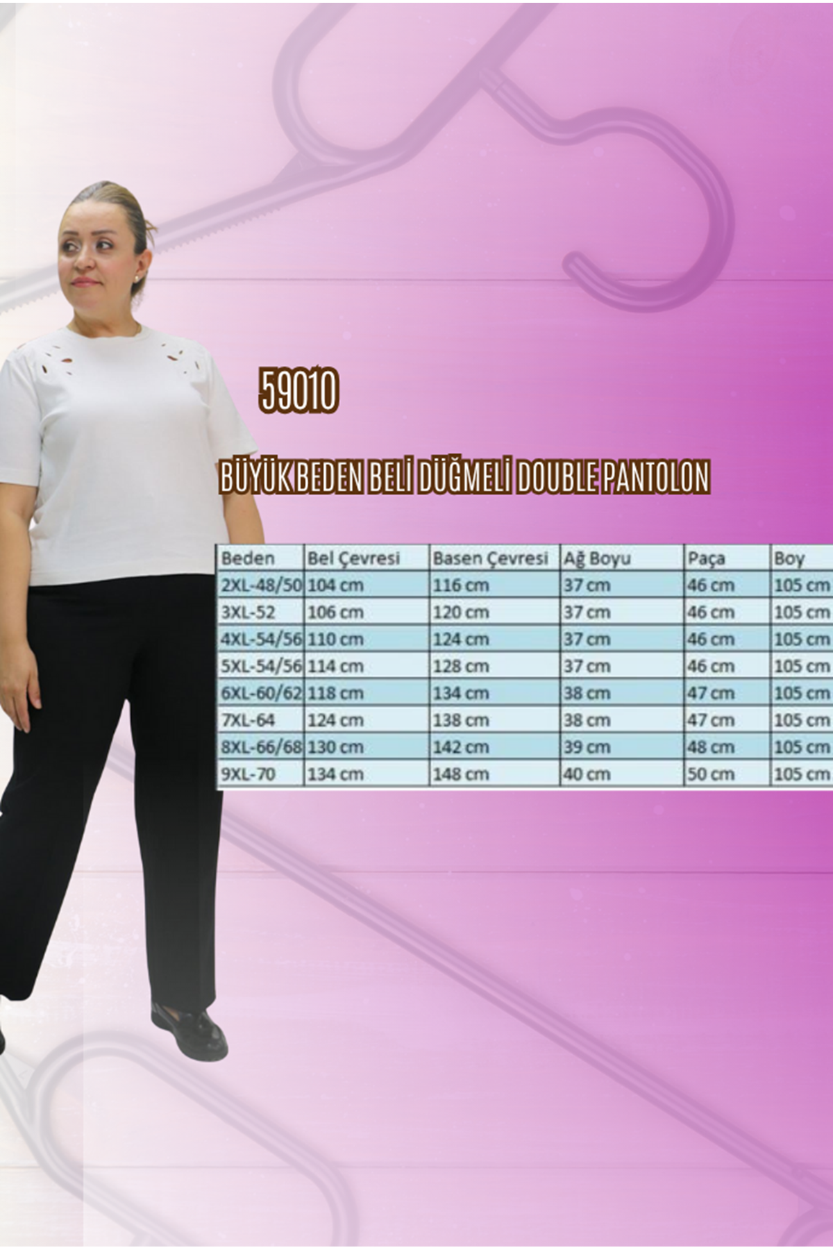 29021 Büyük Beden Beli Düğmeli Double Pantolon - Siyah