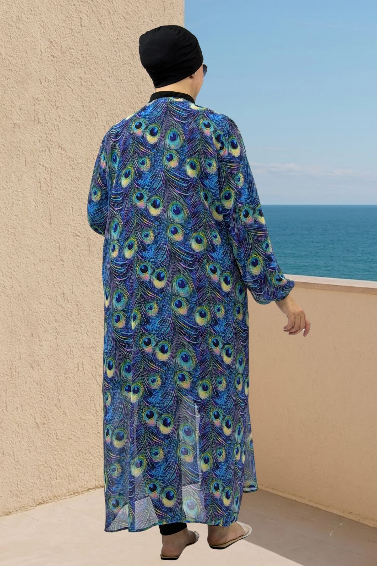 1743 Büyük Beden Karışık Desenli Kolu Lastikli Pareo - Tavus Kuşu Saks