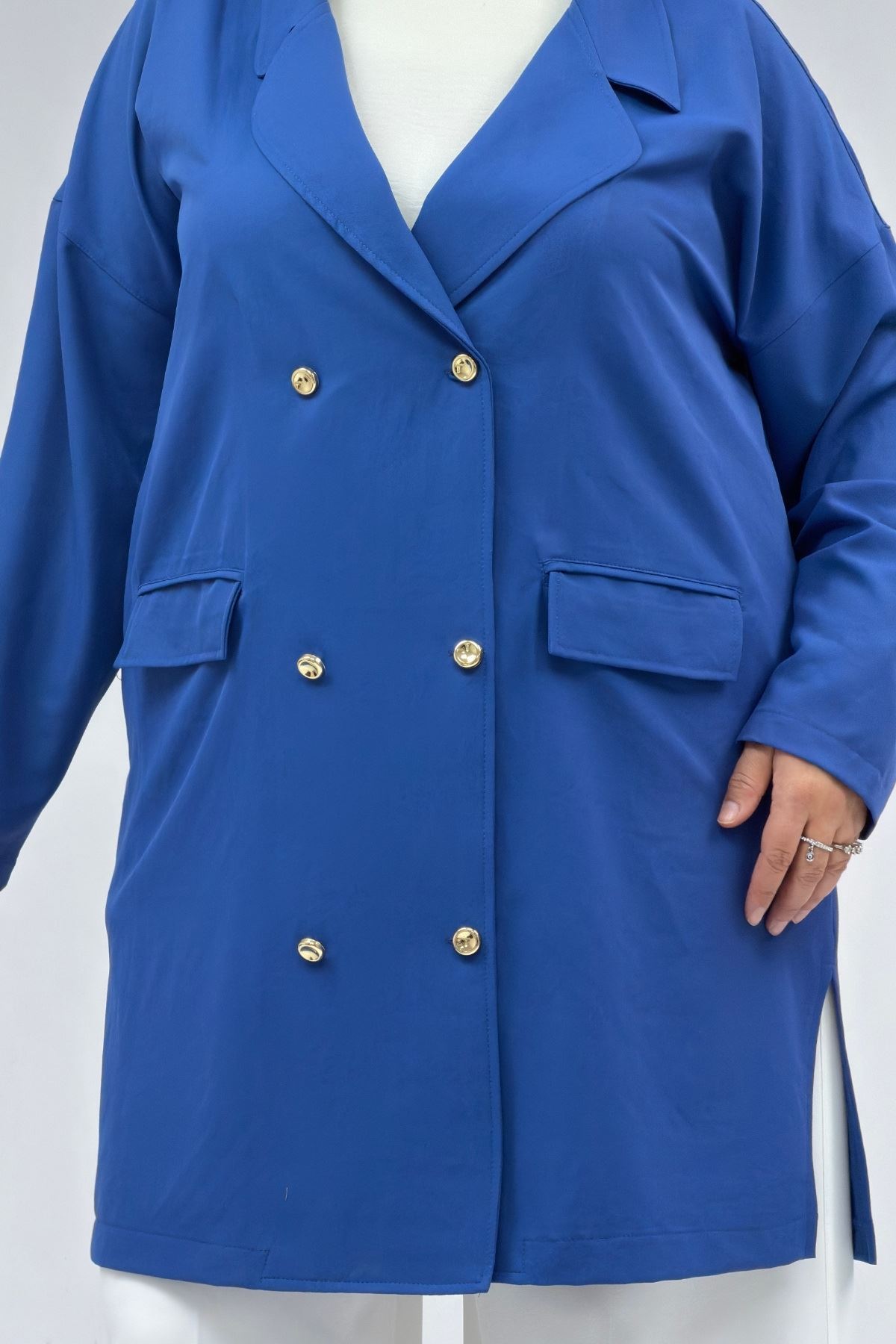 63015 Büyük Beden Mostralı Keten Blazer Ceket - İndigo