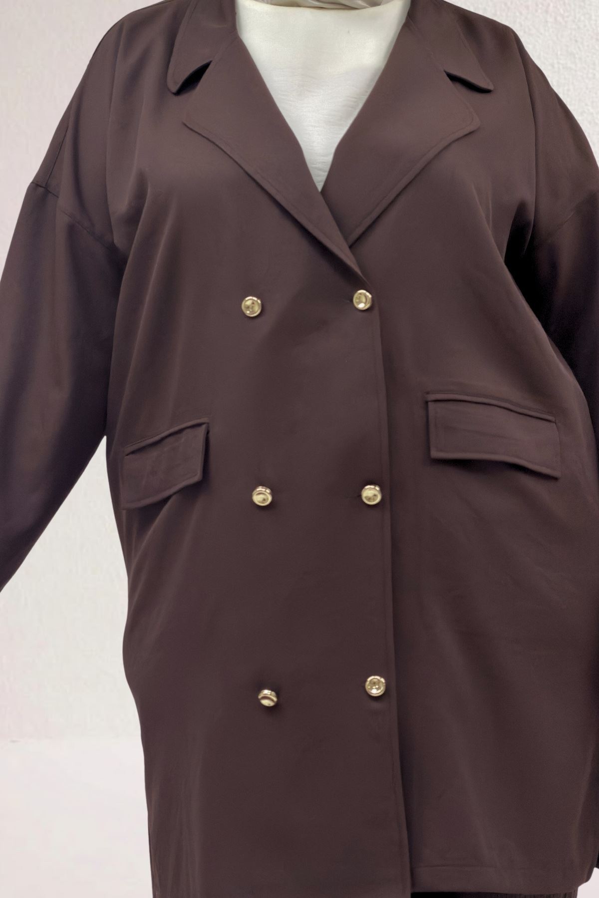 63015 Büyük Beden Mostralı Keten Blazer Ceket - Kahve