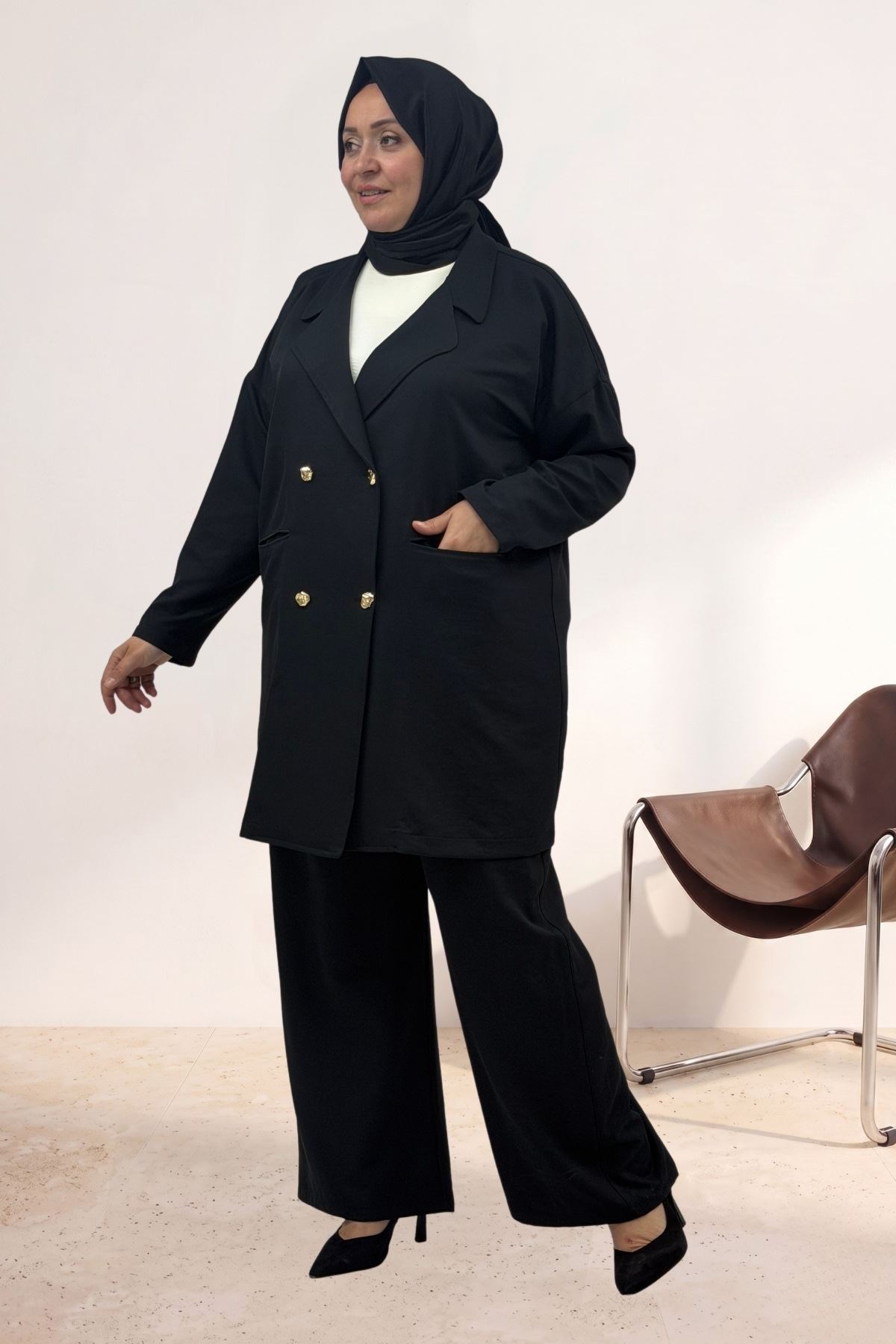 67056 Büyük Beden Blazer Ceket - Pantolon Nova Takım - Siyah