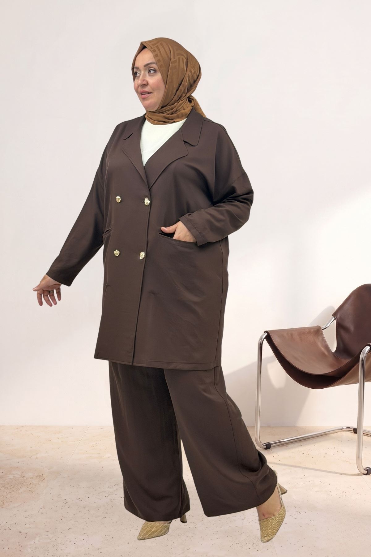 67056 Büyük Beden Blazer Ceket - Pantolon Nova Takım - Kahve