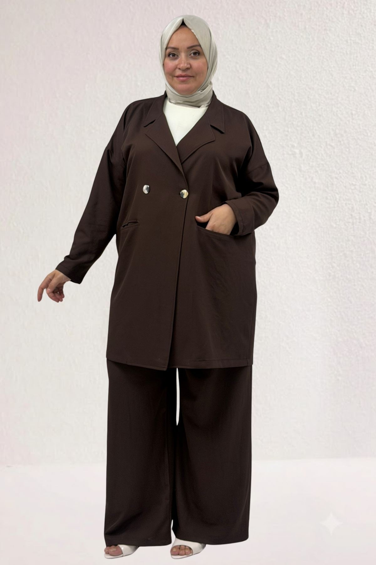 67056-1 Büyük Beden Blazer Ceket - Pantolon Nova Takım - Kahve
