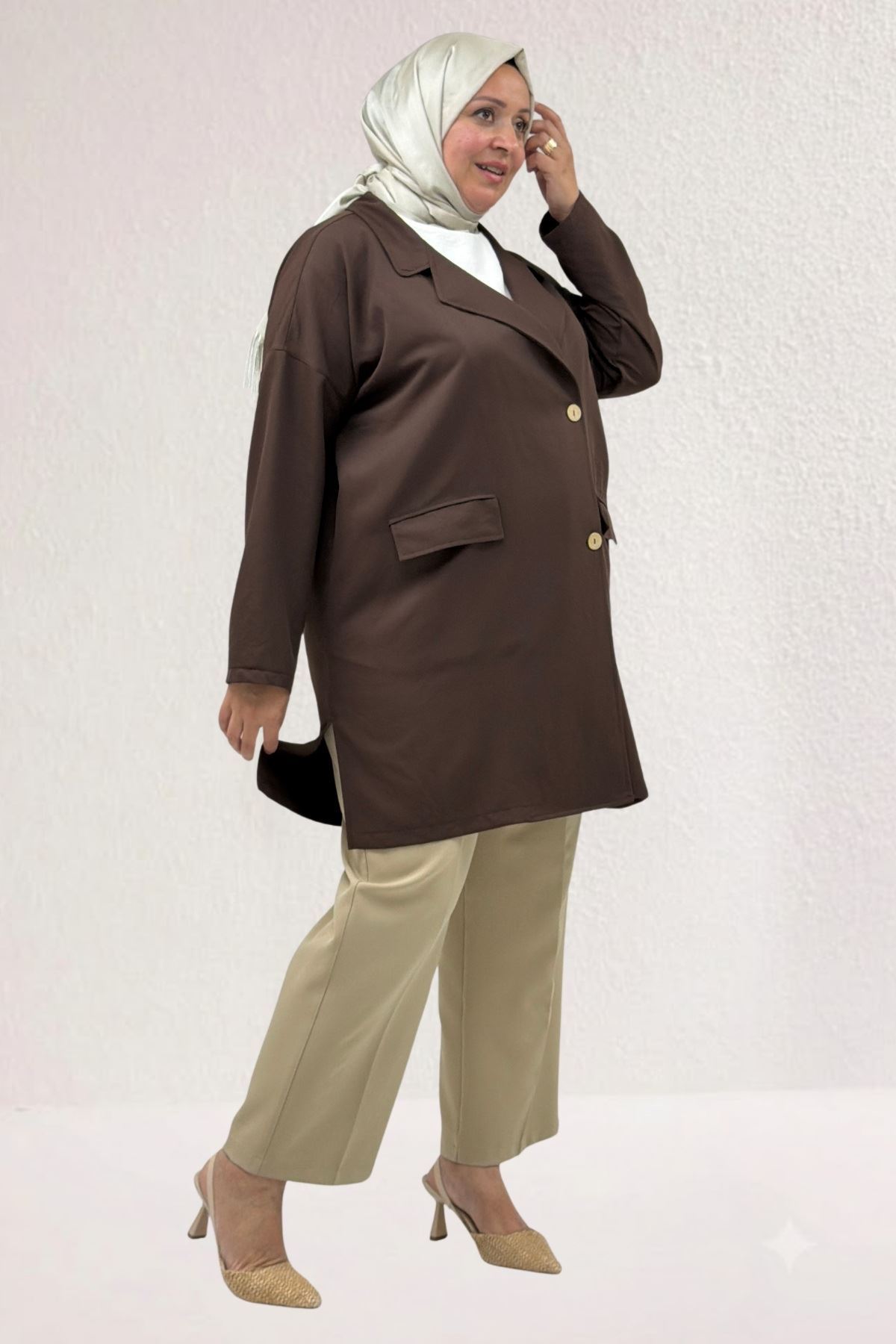 63015-1 Büyük Beden Mostralı Blazer Ceket - Kahve