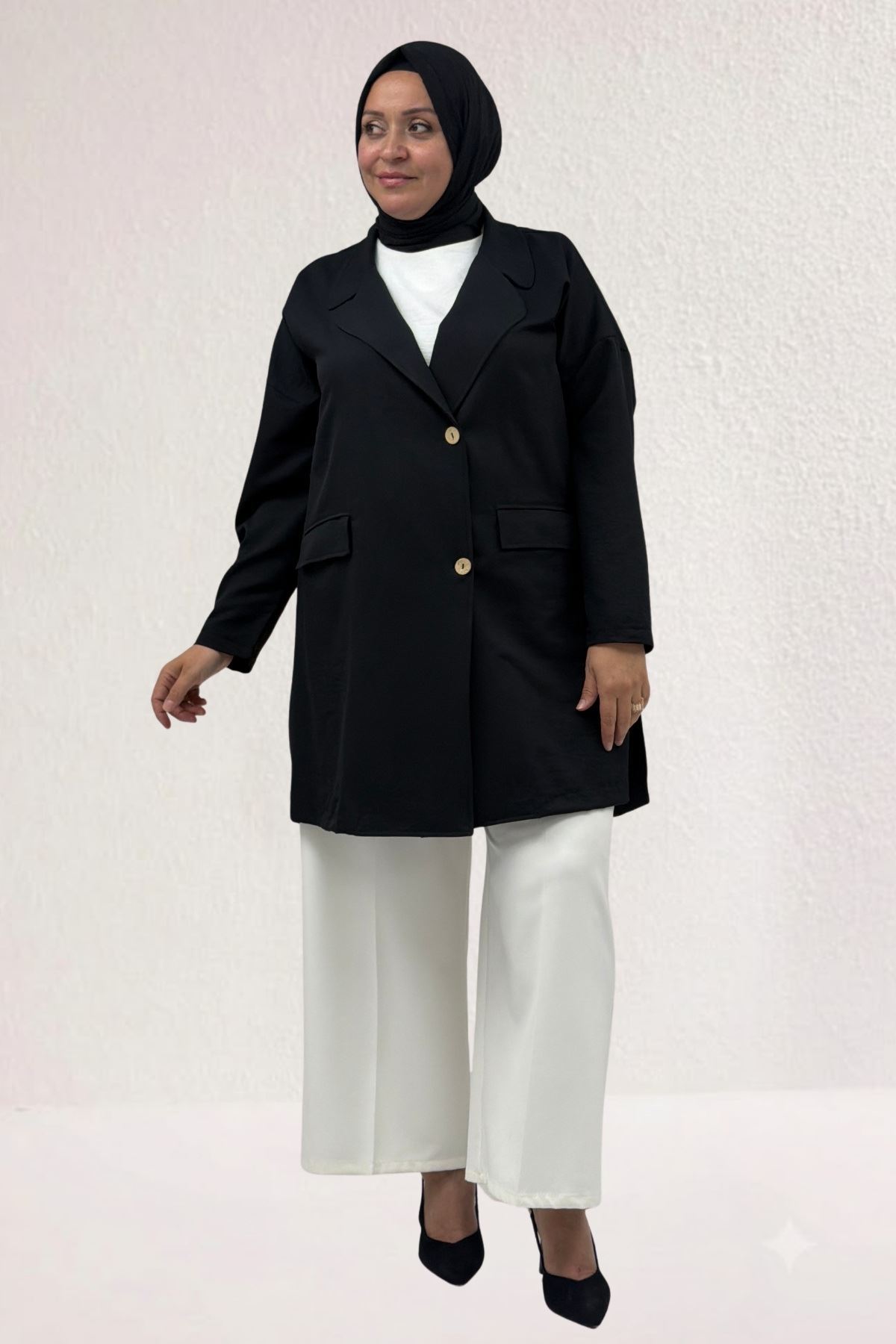 63015-1 Büyük Beden Mostralı Blazer Ceket - Siyah