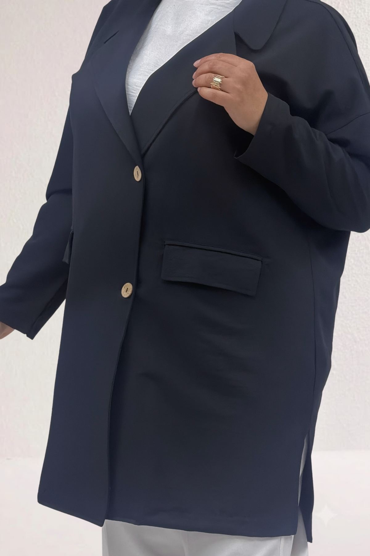 63015-1 Büyük Beden Mostralı Blazer Ceket - Siyah