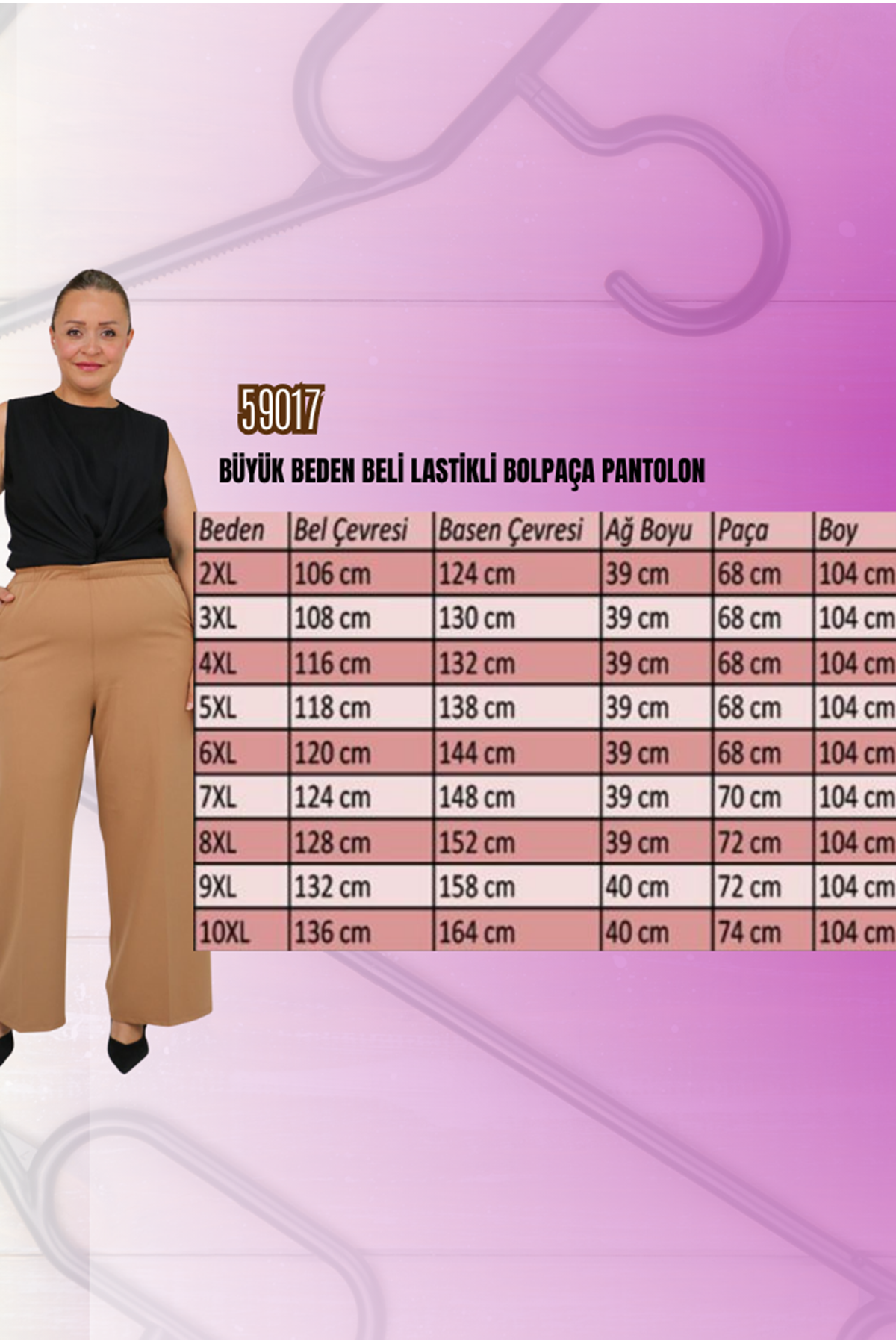 29019 Büyük Beden Beli Lastikli Bolpaça Pantolon - Taba