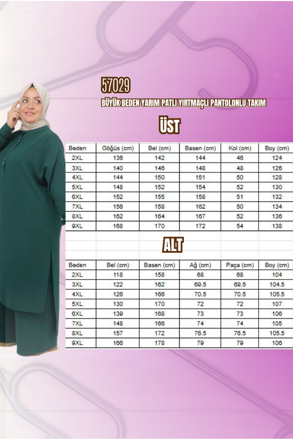 57029-E Büyük Beden Yarım Patlı Yırtmaçlı Pantolonlu Takım - Gri