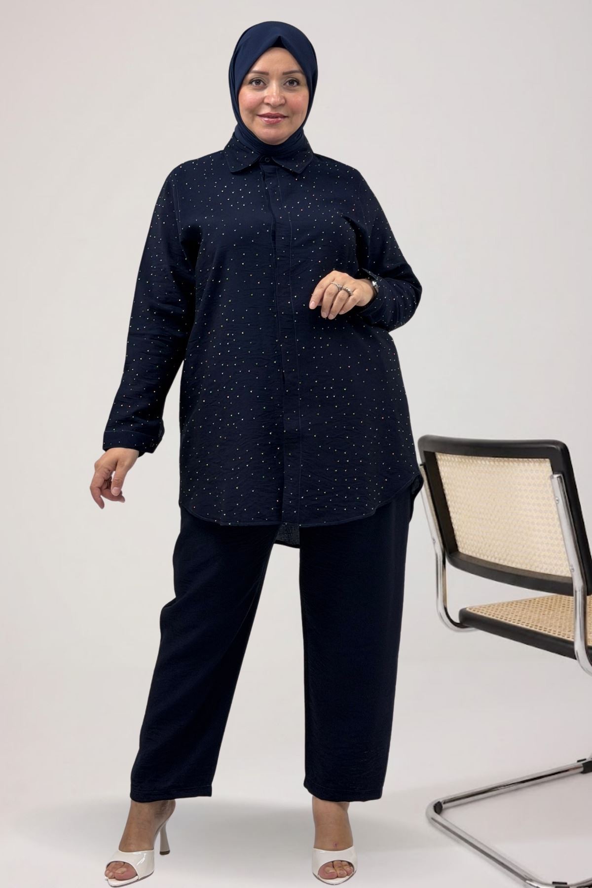 67064 Büyük Beden Kol Manşetli Taş Baskılı Mango Pantolonlu Takım - Lacivert