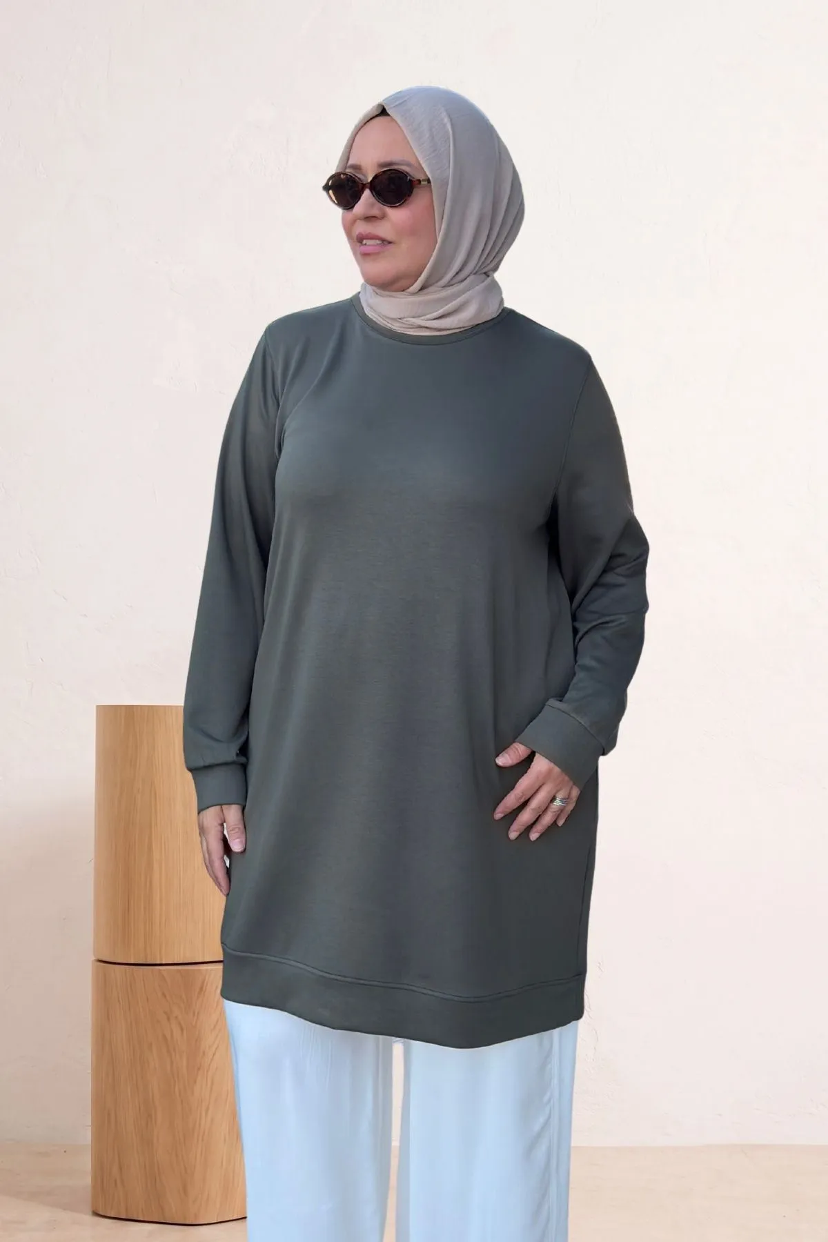68052 Büyük Beden Kendi Kumaşından Ribanalı Modal Tunik - Haki