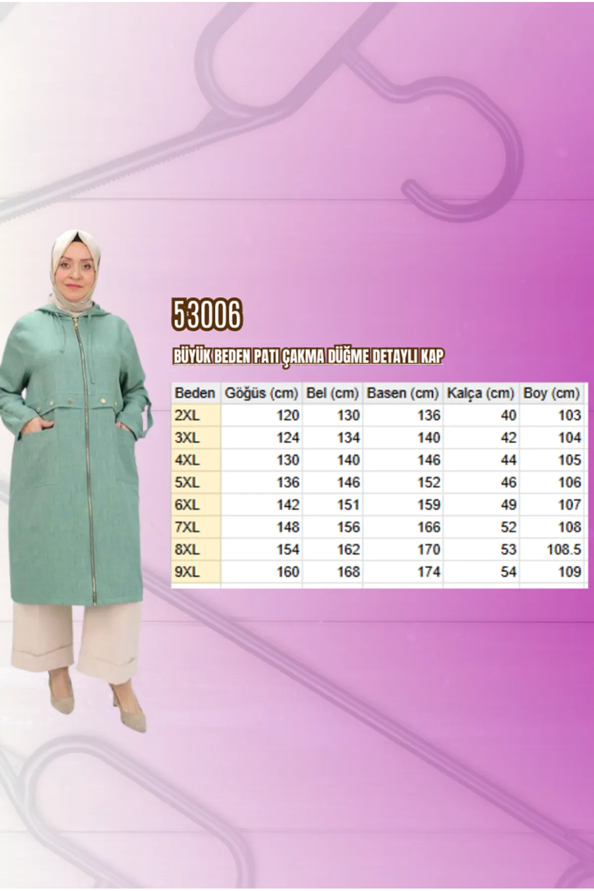 53006 Büyük Beden Patı Çakma Düğme Detaylı Kap - Taba