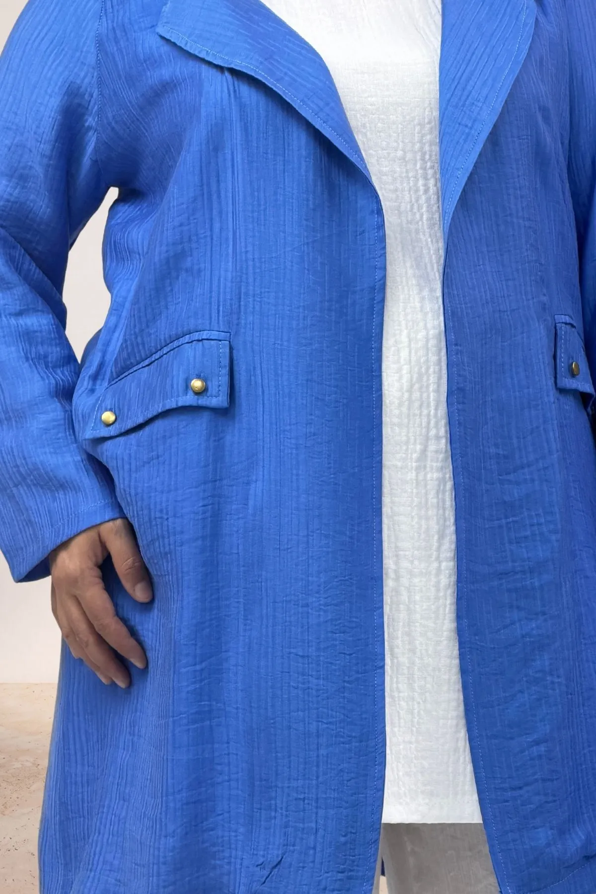 63016 Büyük Beden Mostralı Blazer Double Tensel Ceket - İndigo