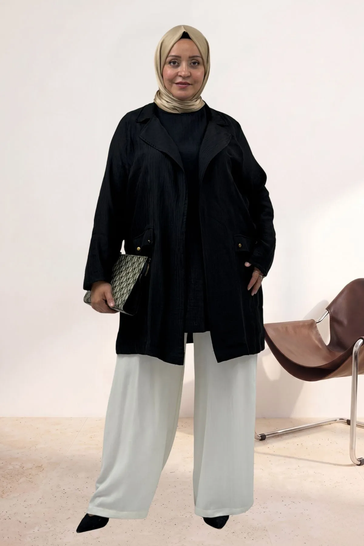 63016 Büyük Beden Mostralı Blazer Double Tensel Ceket - Siyah