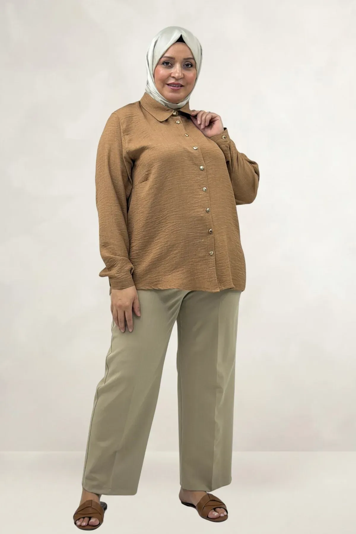 68075-E Büyük Beden Erkek Yaka Düğmeli Kısa Gömlek - Taba 