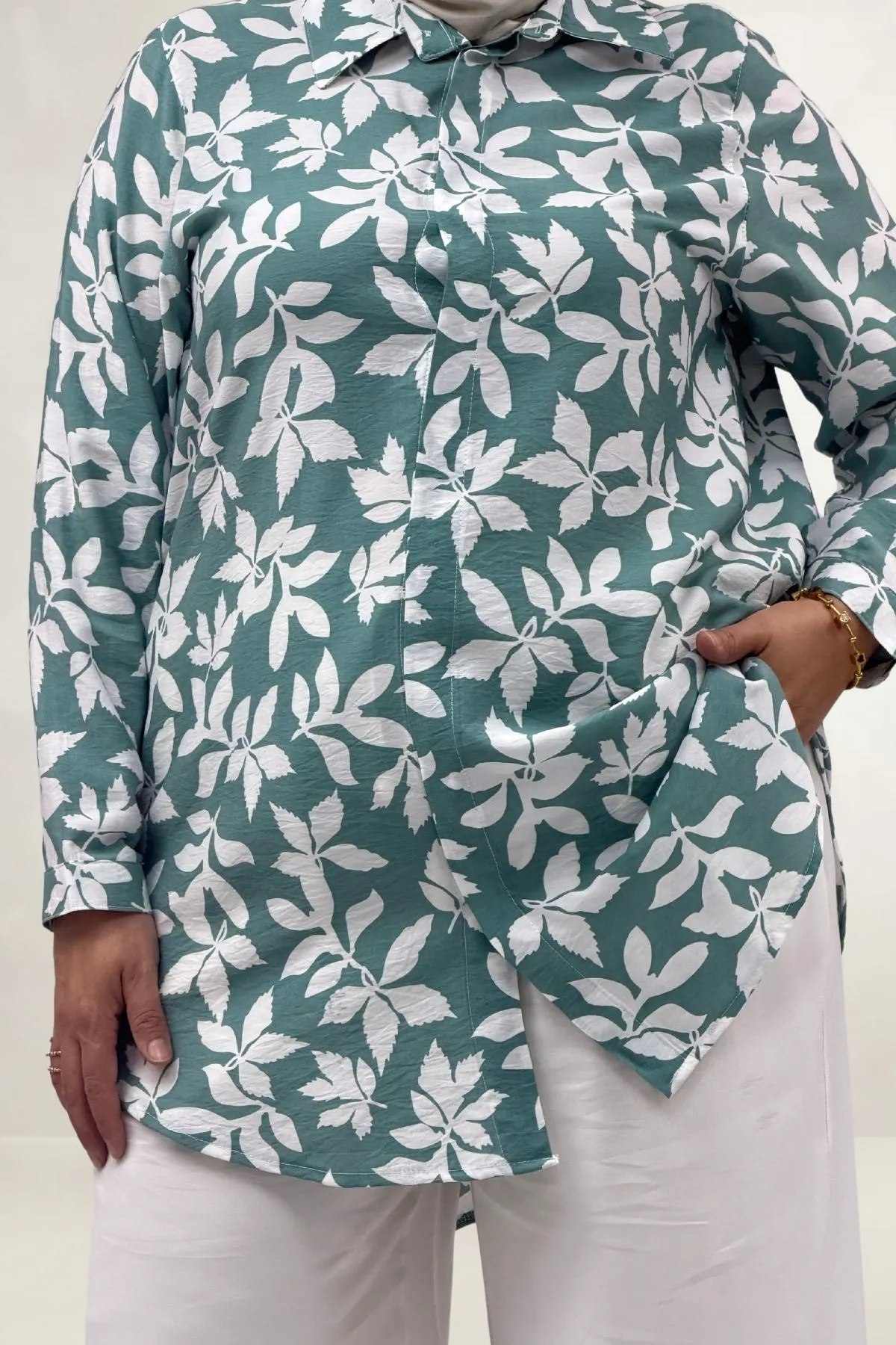 68094 Büyük Beden Manşetli Desenli Mango Tunik - Yaprak Desen Nefti