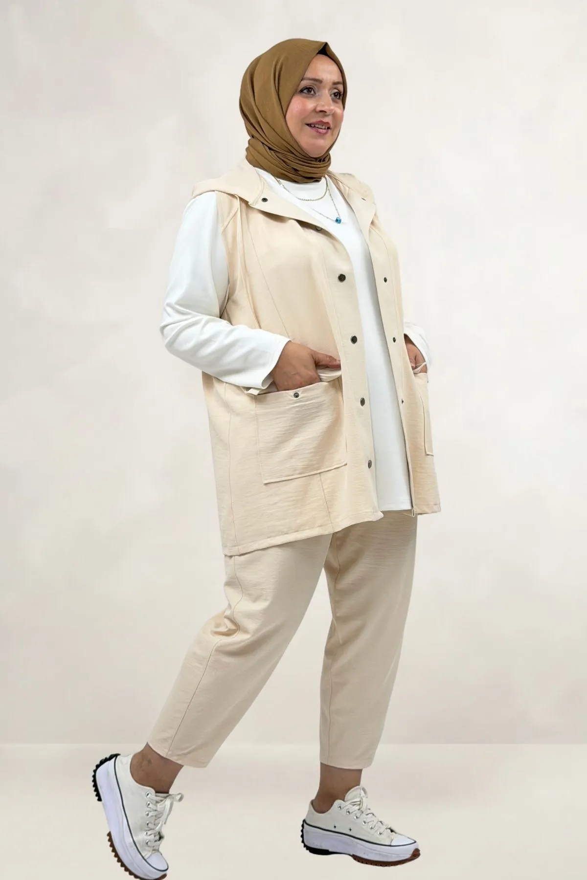 67057 Büyük Beden Yelek-Pantolon Nora Takım - Bej