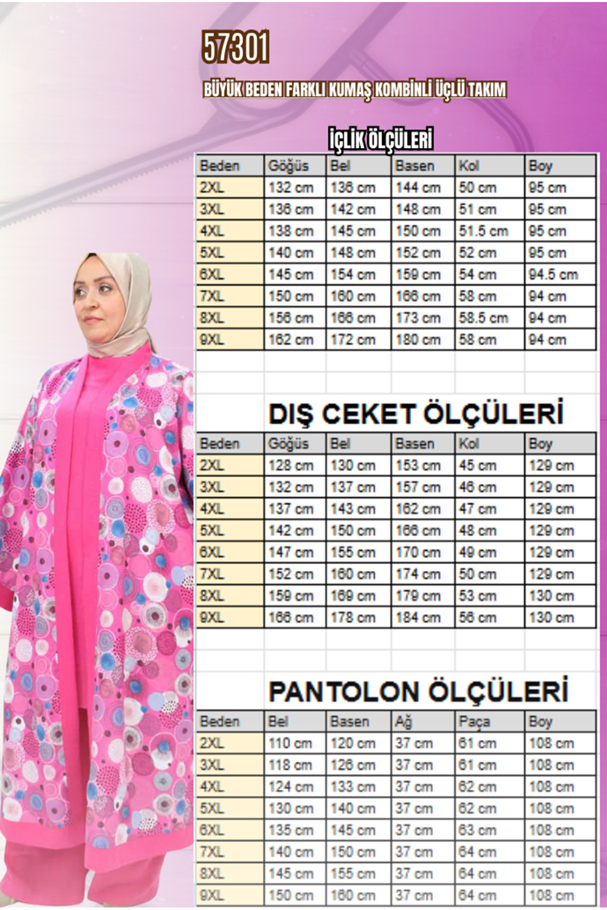 57301 Büyük Beden Farklı Kumaş Kombinli Üçlü Takım - Lila