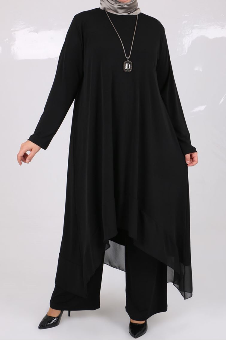 7602-E Büyük Beden Sandy-Şifon Pantolonlu Takım-Siyah 