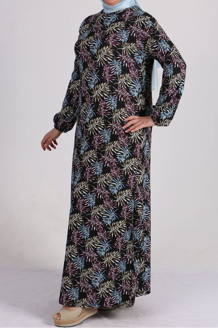 2093-E Büyük Beden Örme Krep Kolu Lastikli Elbise - Turkuaz Yapraklı 