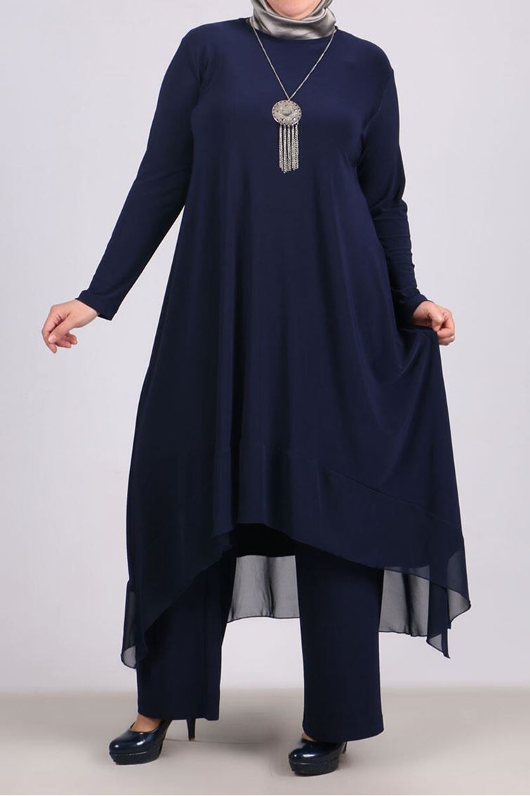 7602-E Büyük Beden Sandy-Şifon Pantolonlu Takım-Lacivert