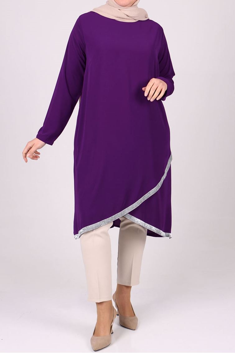 1029 Büyük Beden Sim Şertili Medine İpeği Tunik - Mor