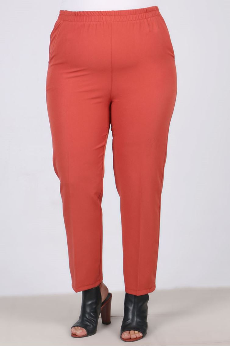 6805 Büyük Beden Beli Lastikli Boru Paça Pantolon - Kiremit