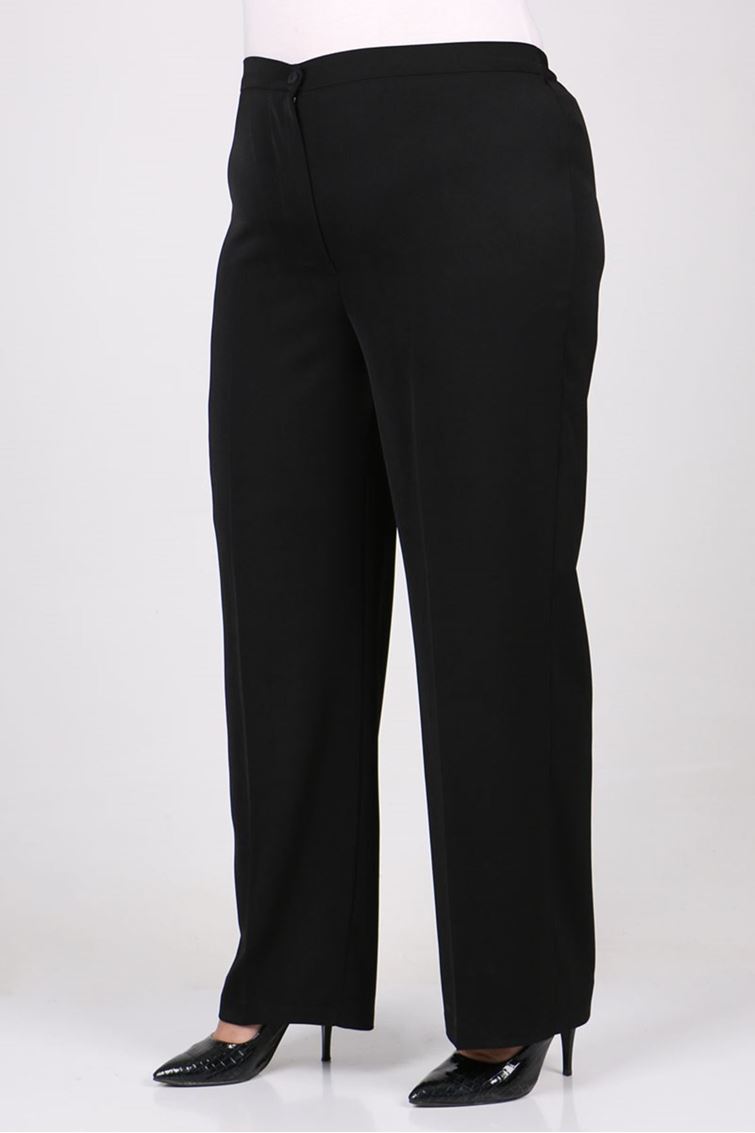 29021-E Büyük Beden Beli Düğmeli En Boy Likra Pantolon - Siyah
