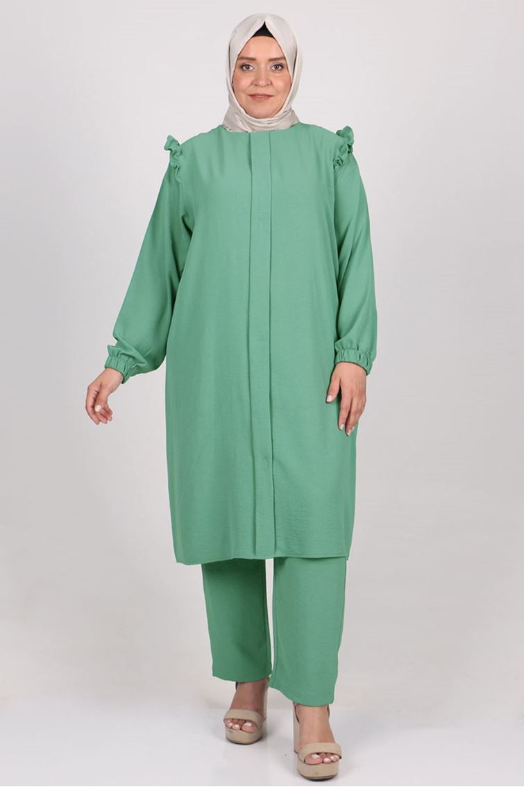 1049 Büyük Beden Mucize Airobin Fırfırlı Pantolonlu Takım - Nefti