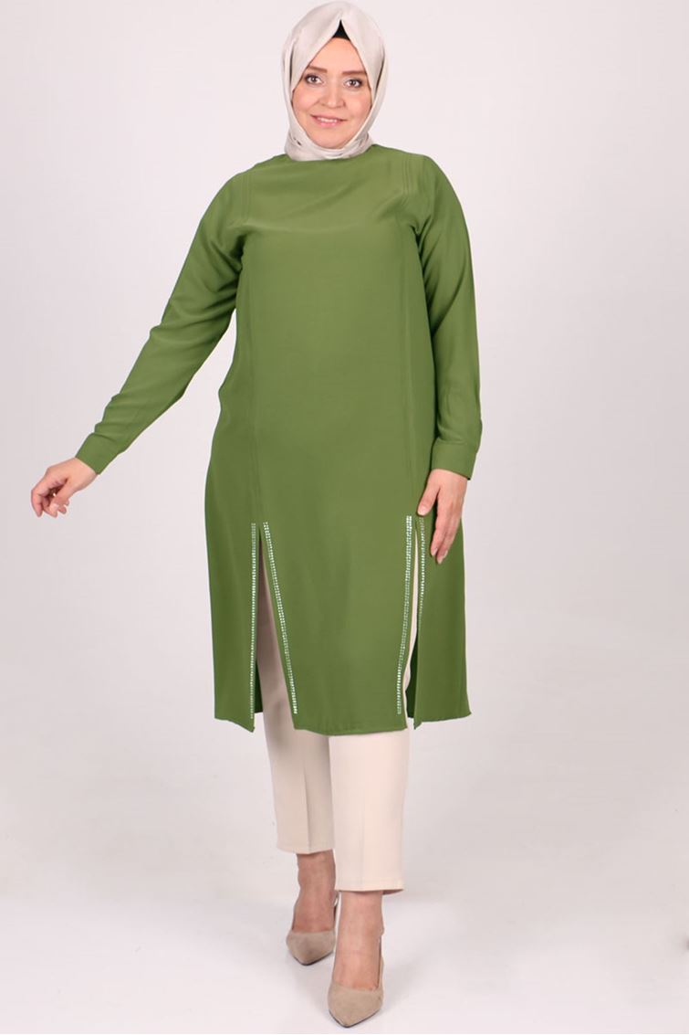 1051 Büyük Beden Taş Detaylı Kristal Krep Tunik Haki