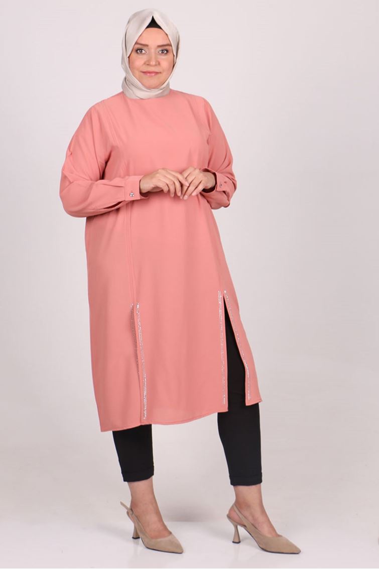 1051 Büyük Beden Taş Detaylı Kristal Krep Tunik Somon