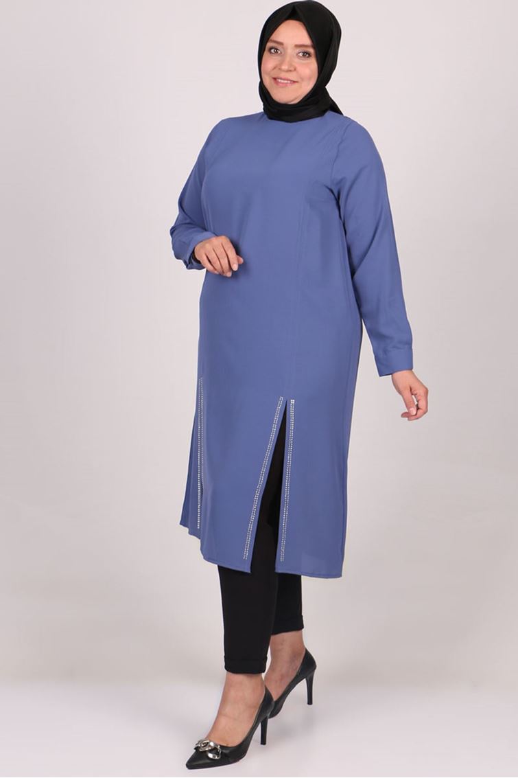 1051 Büyük Beden Taş Detaylı Kristal Krep Tunik İndigo