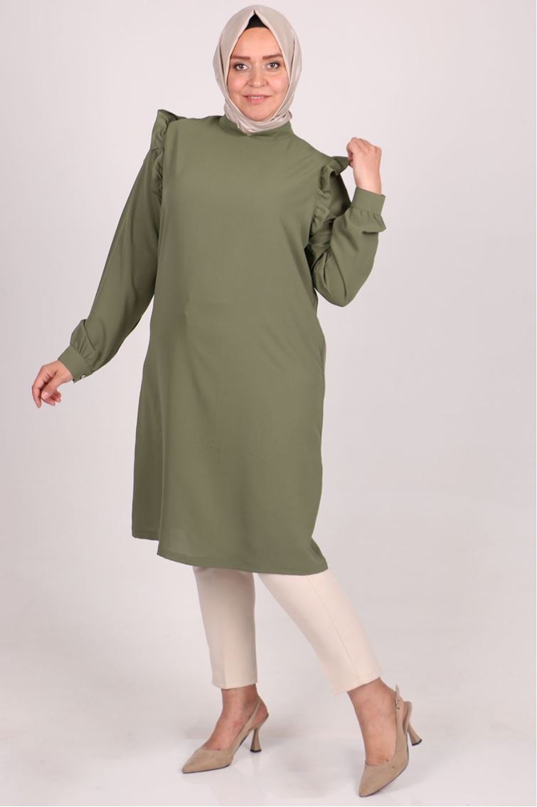 1048 Büyük Beden Fırfırlı Kristal Krep Tunik Haki  