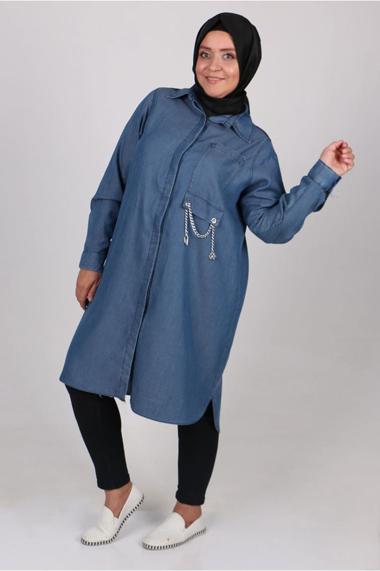 1055 Büyük Beden Gizli Patlı Cep Detaylı  Düğmeli Tunik- Mavi