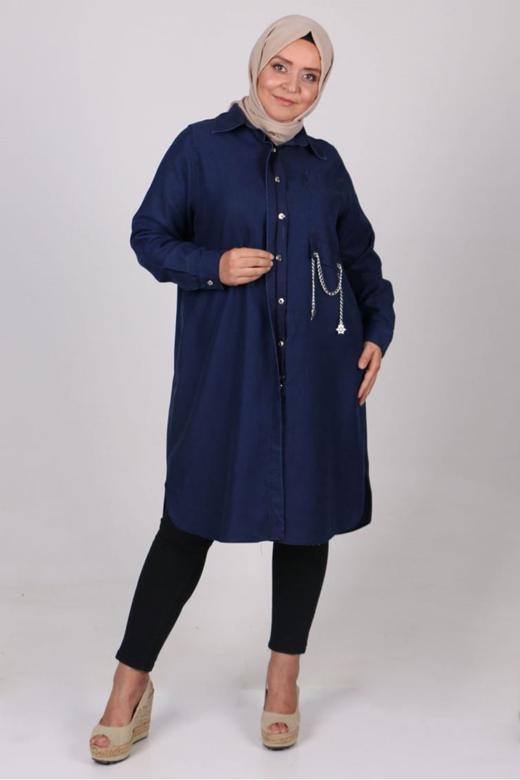 1055 Büyük Beden Gizli Patlı Cep Detaylı  Düğmeli Tunik- Lacivert