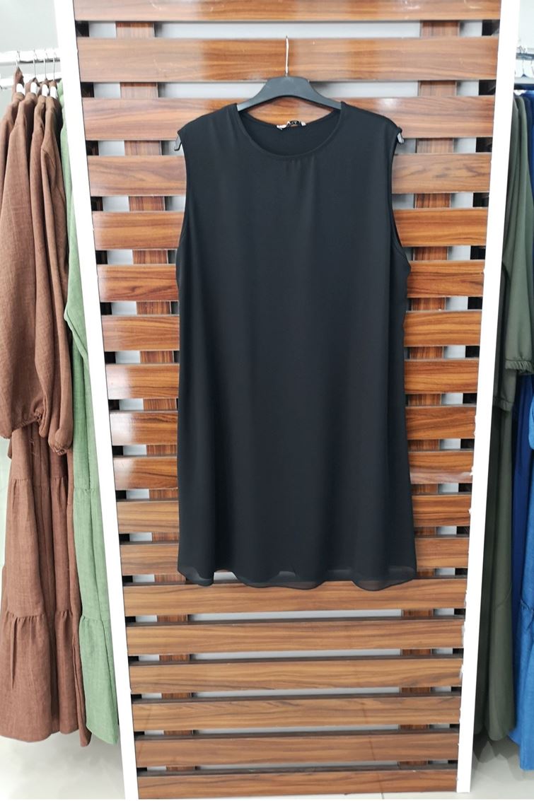 3128 Büyük Beden Şifonlu Sıfır Kol Penye Atlet-Siyah