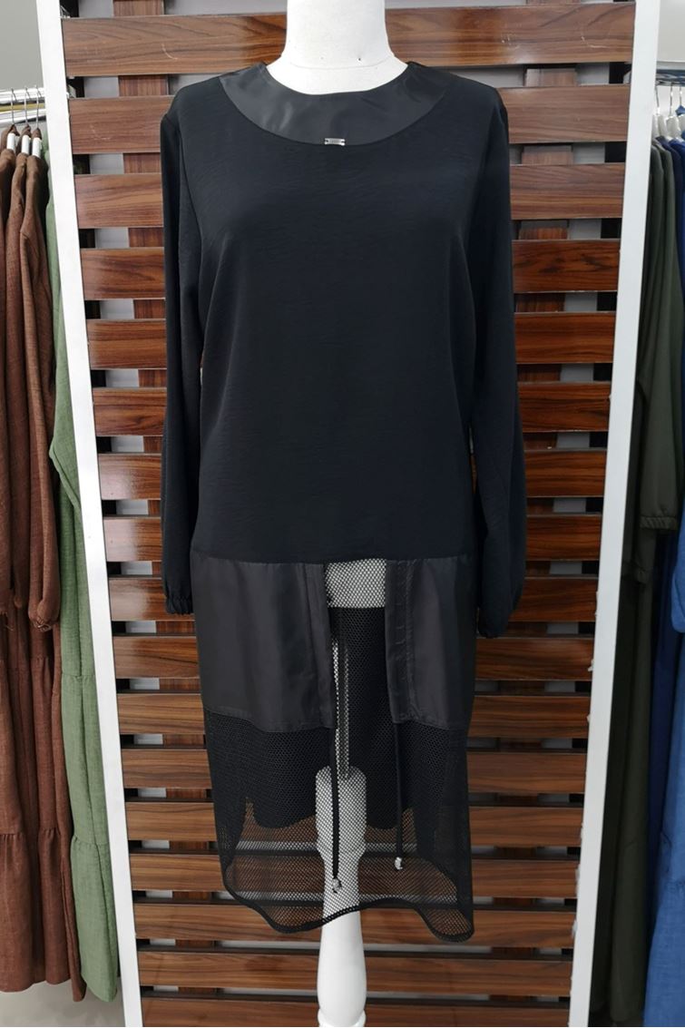 3234 Büyük Beden Aerobin Kumaş Fileli Bağcıklı Tunik Siyah