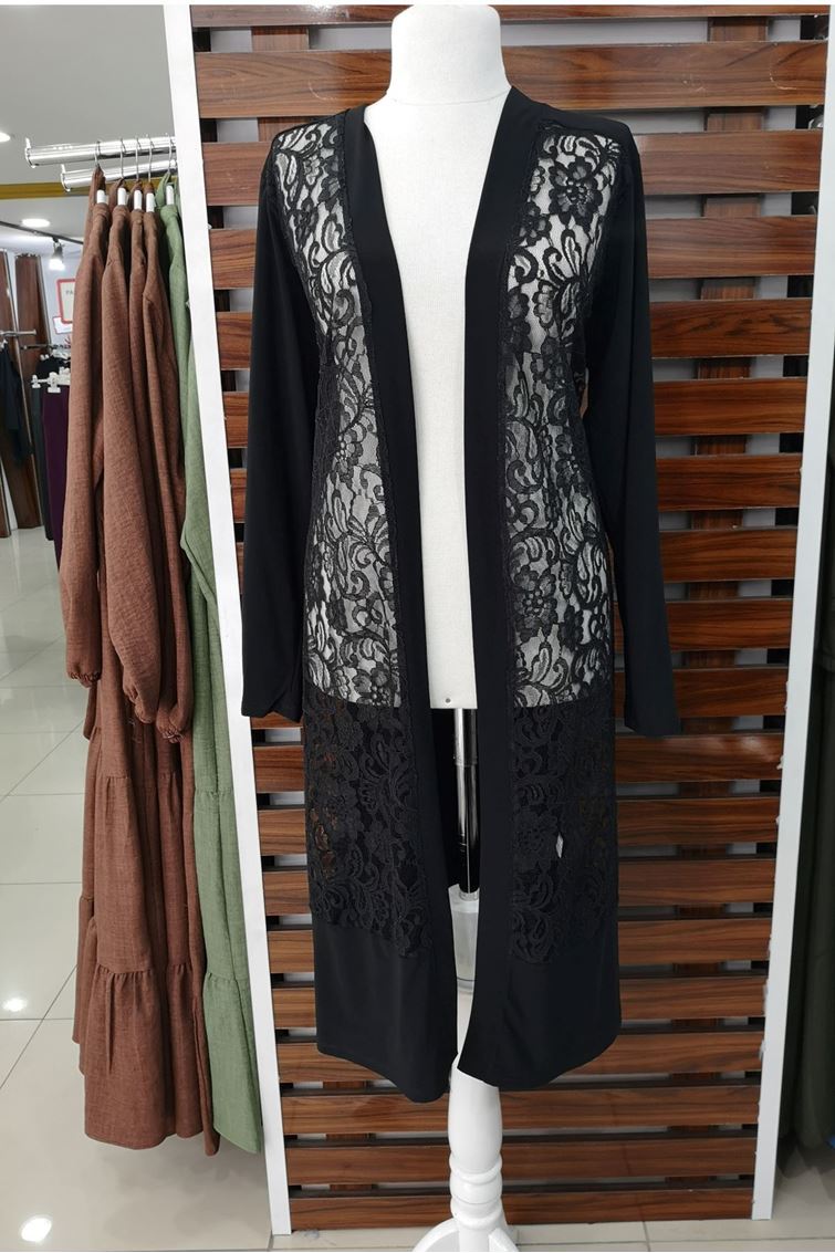 4132 Büyük Beden Sandy Penye Kumaş Dantelli Hırka Siyah