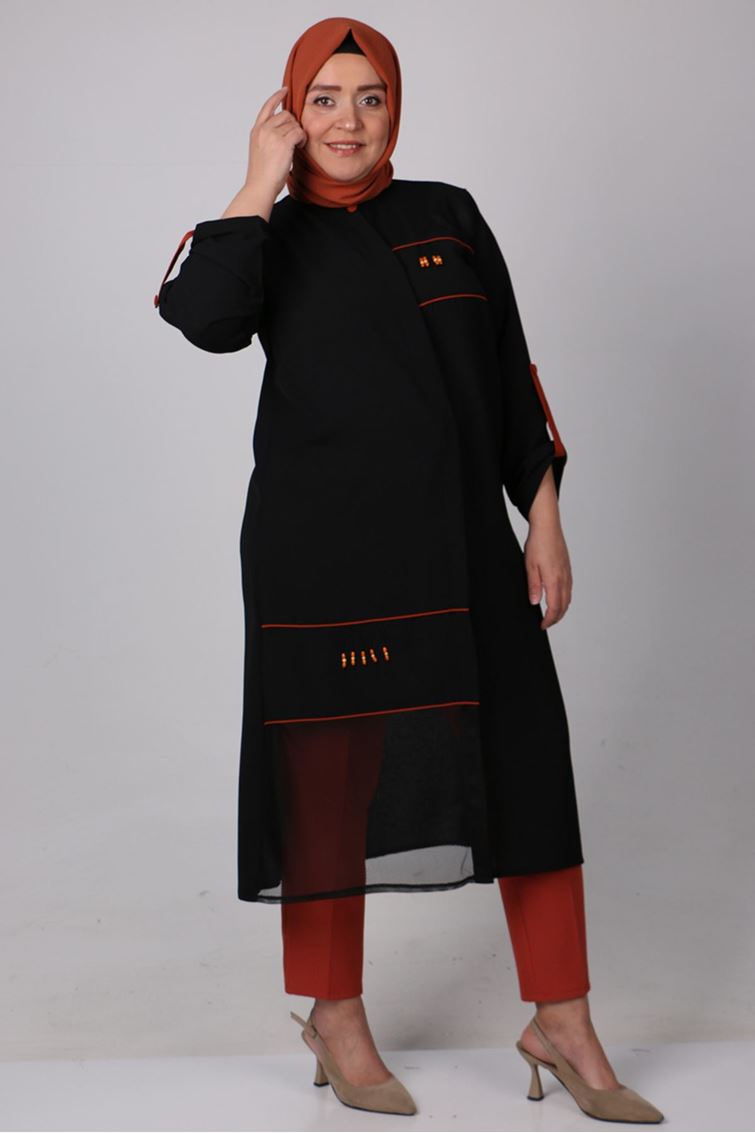 1044 FİLE KOMBİNLİ AEROBİN DÜĞMELİ TUNİK-SİYAH