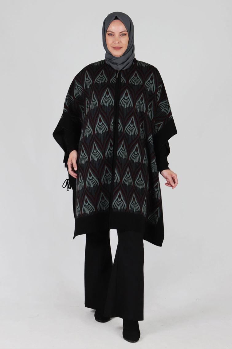 Büyük Beden Tesettür Bağcık Detaylı Triko Panço 9625 Siyah-Petrol