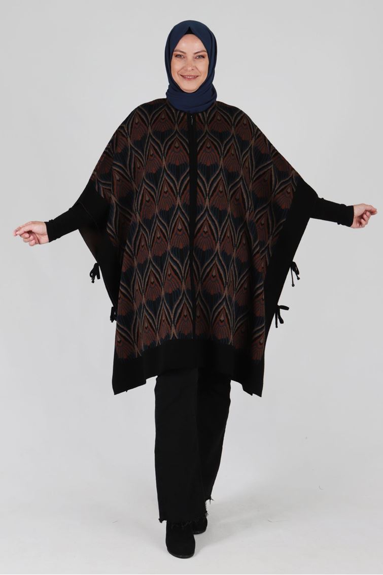 Büyük Beden Tesettür Bağcık Detaylı Triko Panço 9625 Siyah-K.Bordo